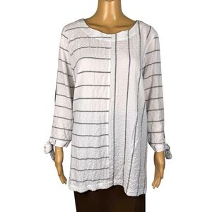 Ali Miles Black White Stripe 3/4 Tie Sleeve Tunic Blouse Size L
